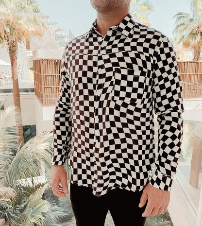 mens black and white checker board button front shirt