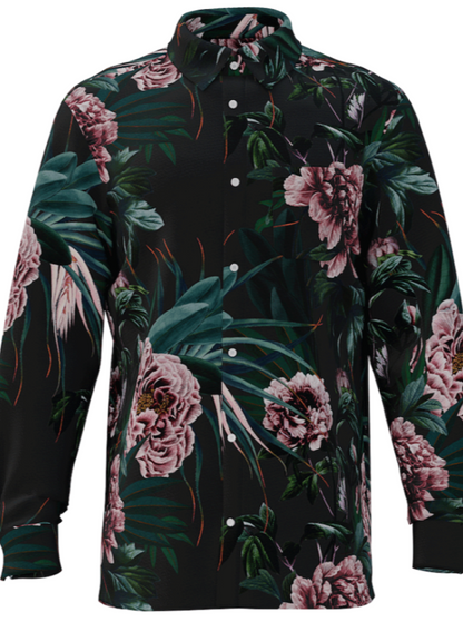 Mens Floral Long Sleeve Shirt Black Base by Mr Palm