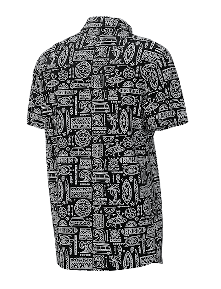 Retro Tiki surf mens button up shirt short sleeve black base with with print by Mr Palm Side View