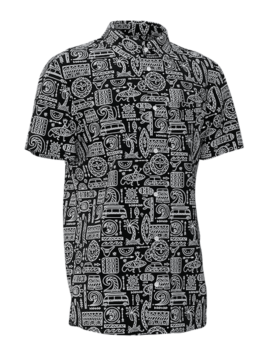 Retro Tiki surf mens button up shirt short sleeve black base with with print by Mr Palm Side View