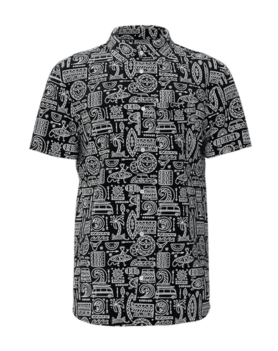 Retro Tiki surf mens button up shirt short sleeve black base with with print by Mr Palm