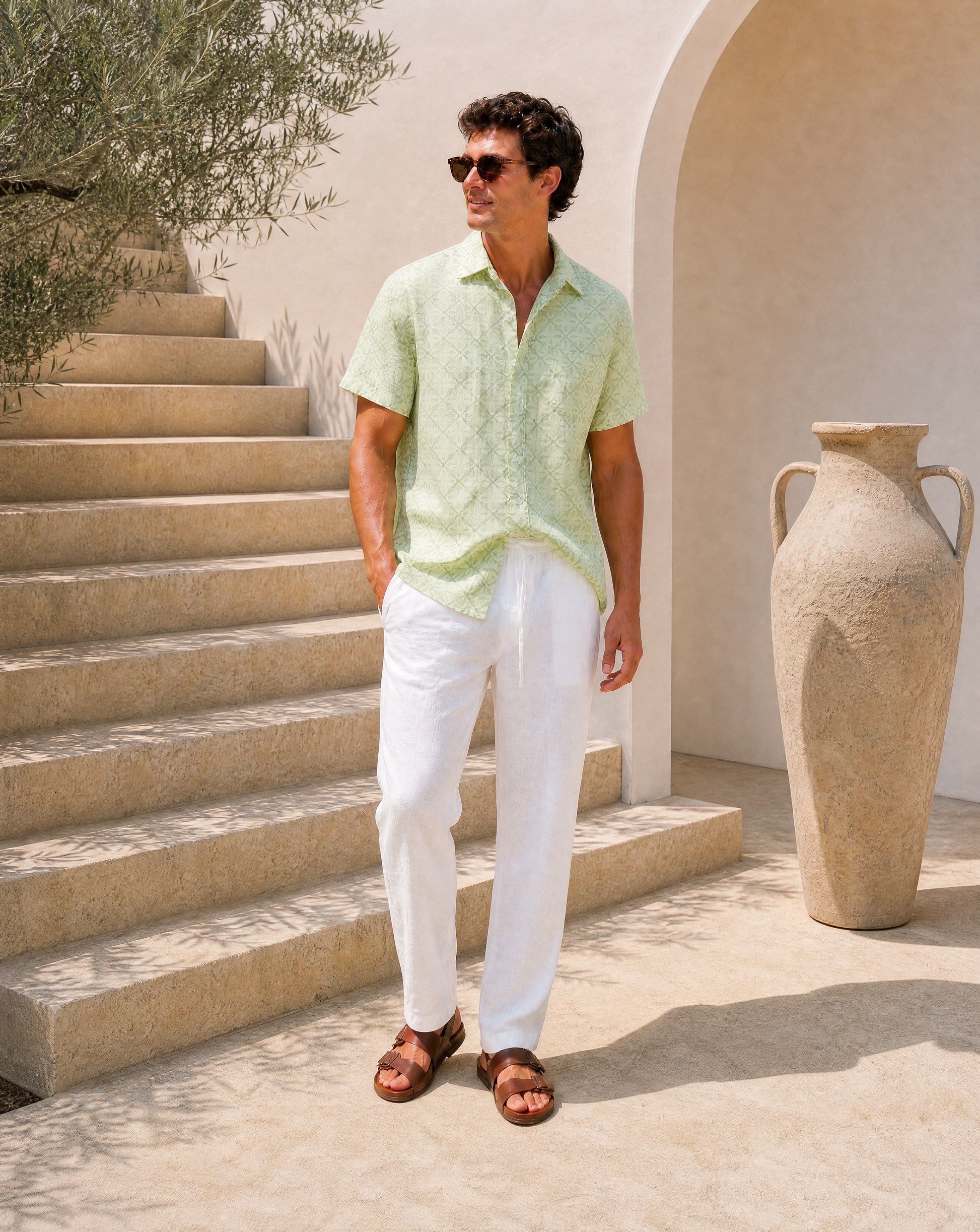 Man in light green shirt and white pants standing on stone steps with a large vase in the background.